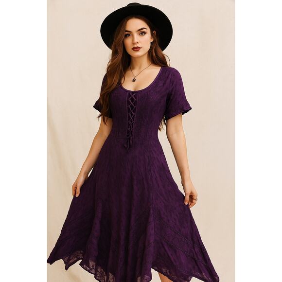 Other Dresses & Skirts - My Choice Embroidered Corset Purple Midi Dress Handkerchief Hem Dark Cottage Fae